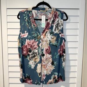 Beacon Alicia Pleat Detail Knit Top‎ Floral Sleeveless V-Neck Womens XL
